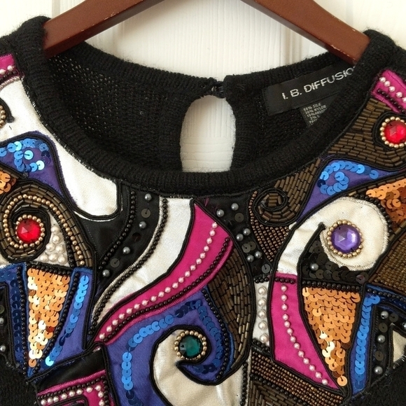 I. B. Diffusion 80's Vintage Funky Embellished Patch Yoke Silk Sweater Black L - Picture 3 of 12